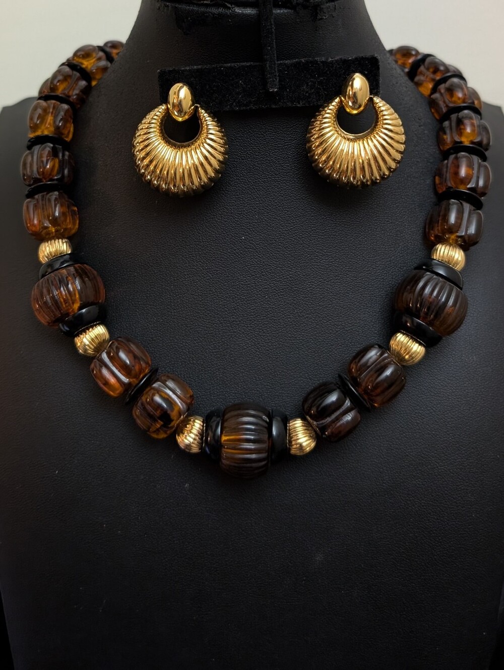 #15. Vintage Lucite Root Beer Amber Beads Necklace & Earrings